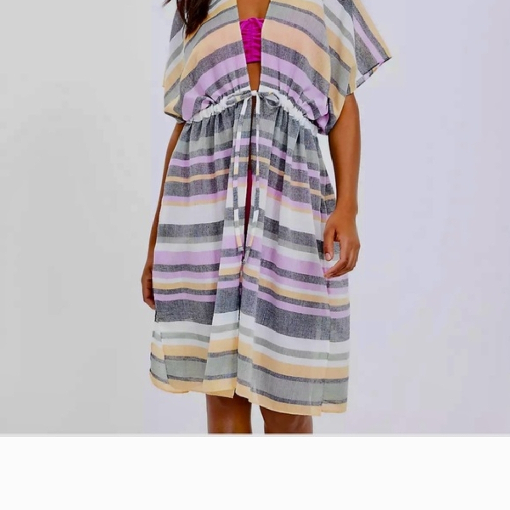 LOFT Beach Striped Drawstring Swimsuit Cover Up Kimono Beachy Boho